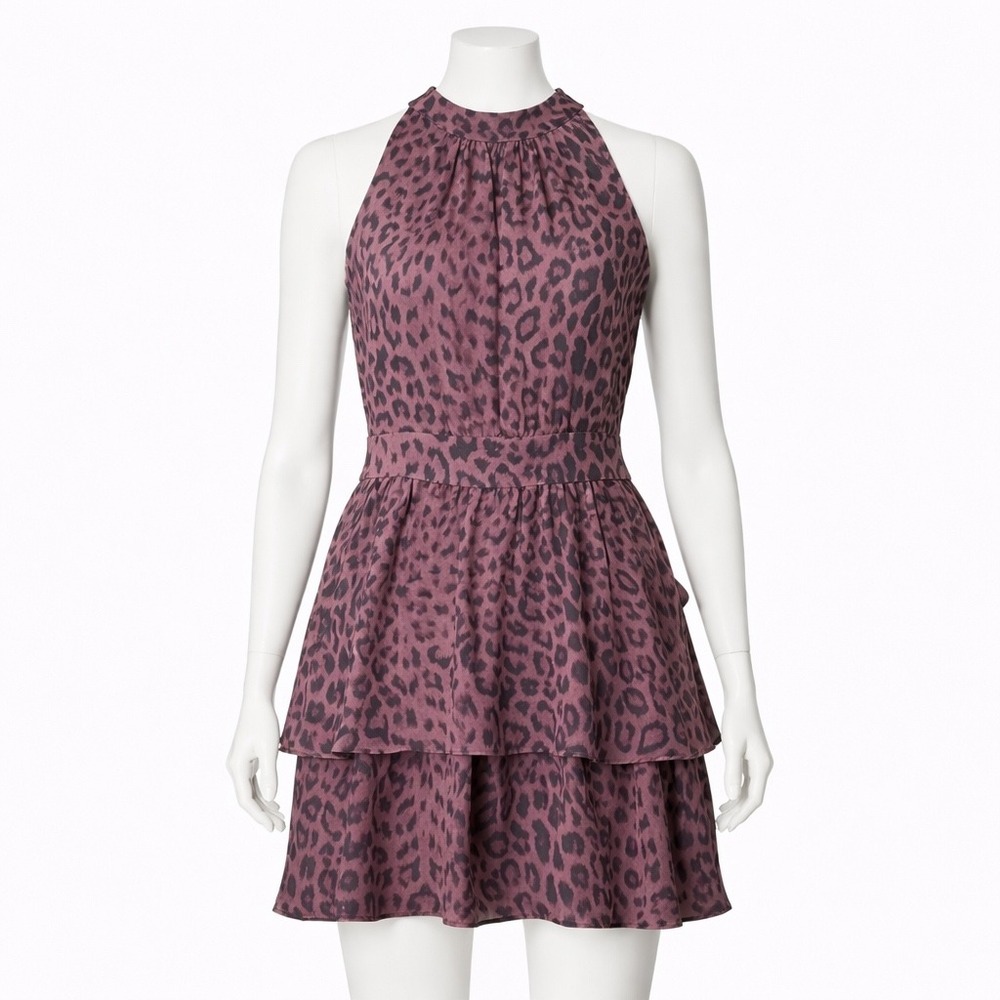 Parker Dress Small Purple Leopard Print Tiered Halter Neck Tie Mini‎ Mob Wife